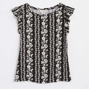 LOFT Vine Ruffle Sleeve Mixed Media Top